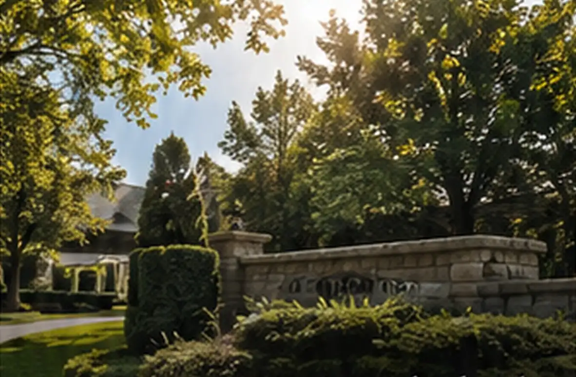 Stone community entrance surrounded by mature landscaping