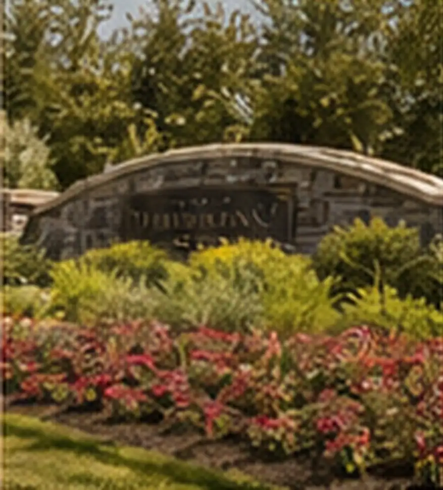 Landscaped community monument and flowers