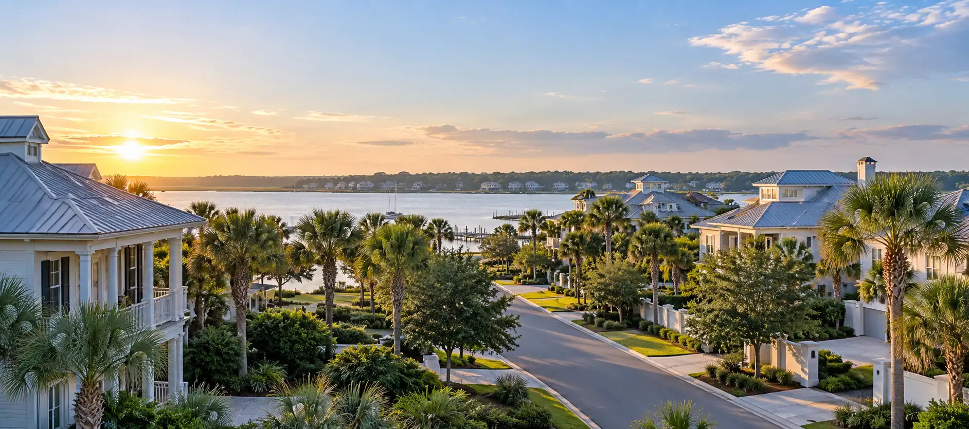 A beautiful waterfront community with palm trees, boats, and houses.