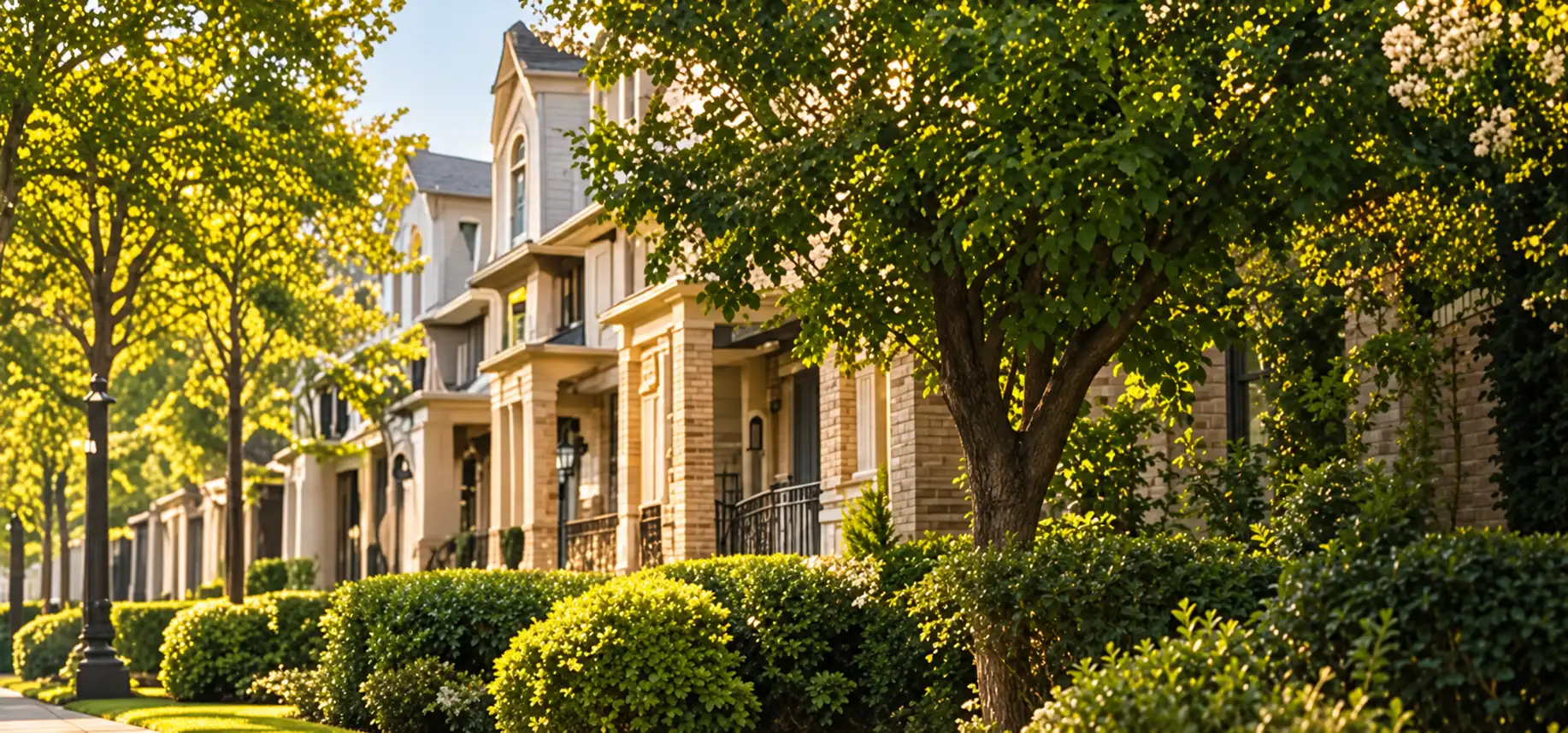 A tree-lined street with brick houses, one of which has a mailbox.