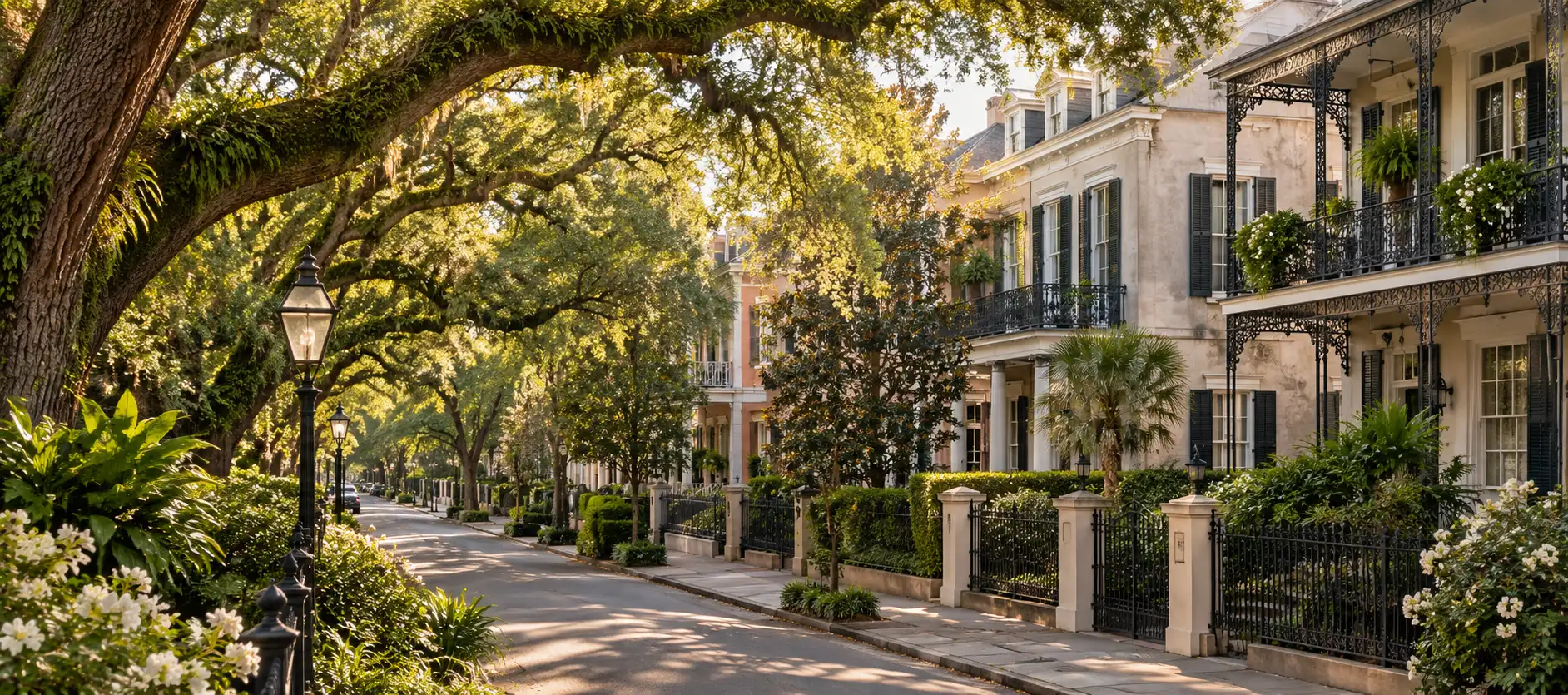A tree-lined street in Nashville, Tennessee with a row of houses